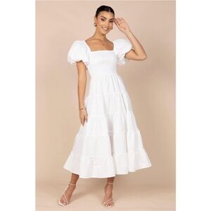 New w/tags Gorgeous Annette Puff Sleeve Shirred Midi Dress-White petal and pup S